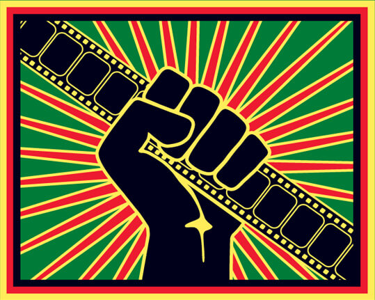 Illustration of a black fist holding a piece of film over a starburst background